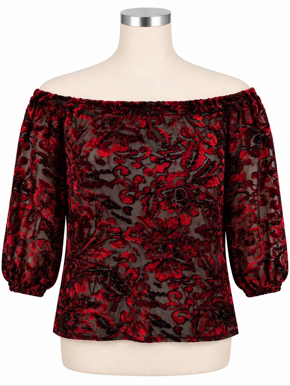 Chico's Red & Black Velvet Burnout Off Shoulder Top Sz 1 (M) Whimsigoth Fairy